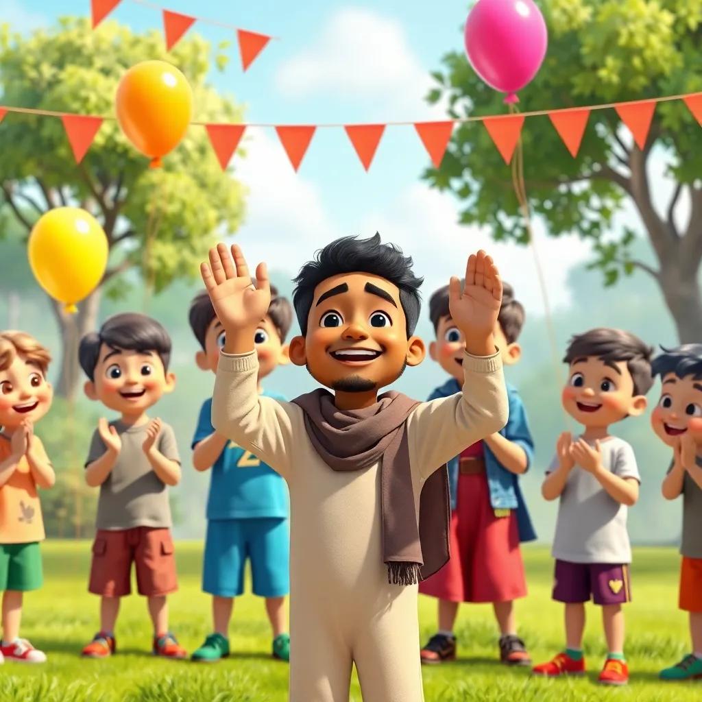 Children clapping and cheering for Ali, celebrating his correct answer, in an outdoor setting with balloons and banners, happy faces, colorful scenery, lively