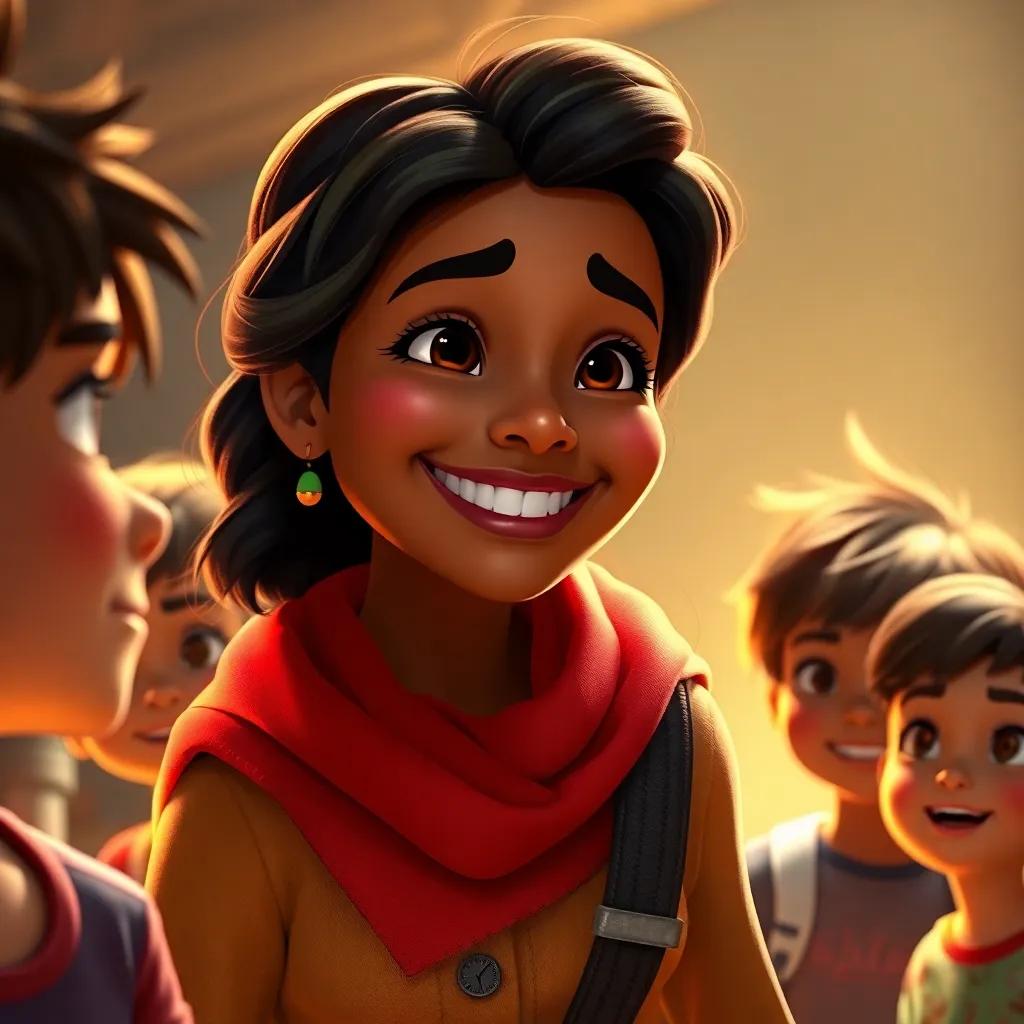 Leila smiling brightly as she provides her answer, with other kids looking on in anticipation, detailed digital art, warm light, excitement in the scene