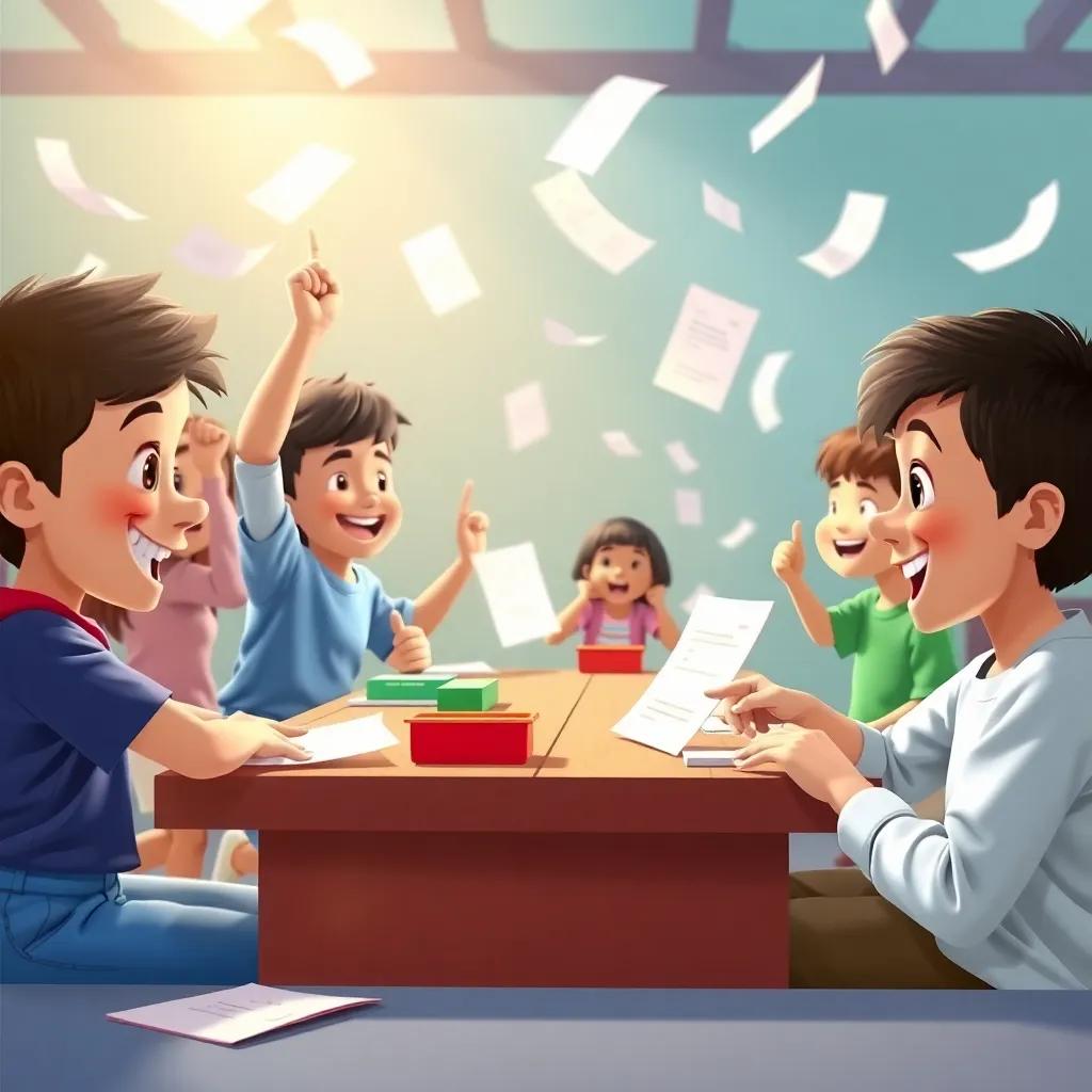 The competition continues with children answering questions, papers flying around, and joyful shouts, a dynamic and fun atmosphere, colorful, playful