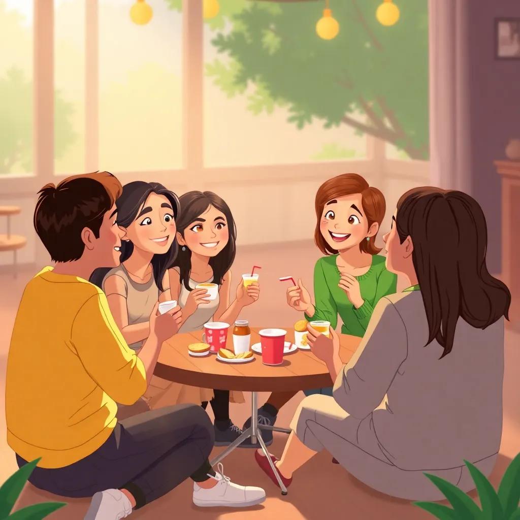 Friends sitting in a circle, enjoying snacks and discussing their fun day, smiles on everyone's faces, warmth and joy in the air, delightful scene.