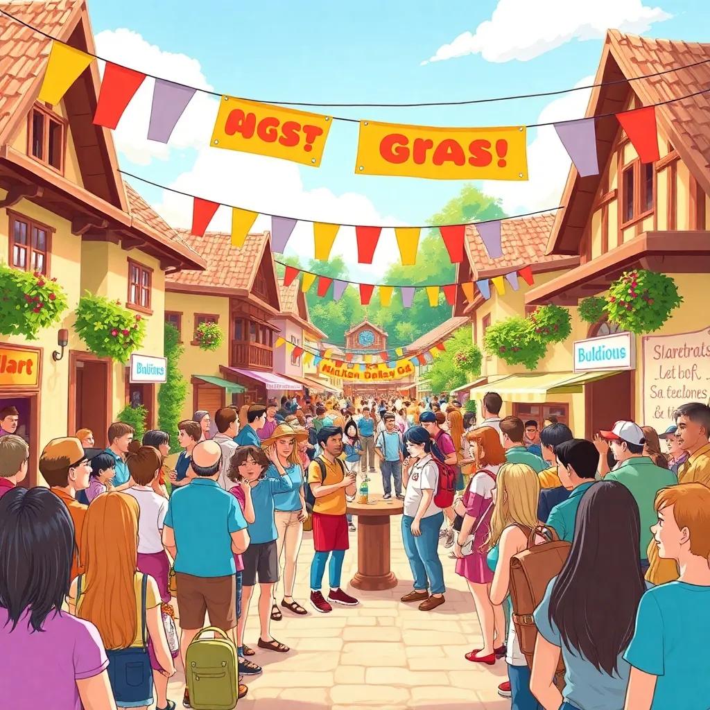 A vibrant village square filled with cheerful people gathered, discussing the million dollar contest, colorful banners hanging, bright sunny day, digital art, lively atmosphere, warm colors, high quality
