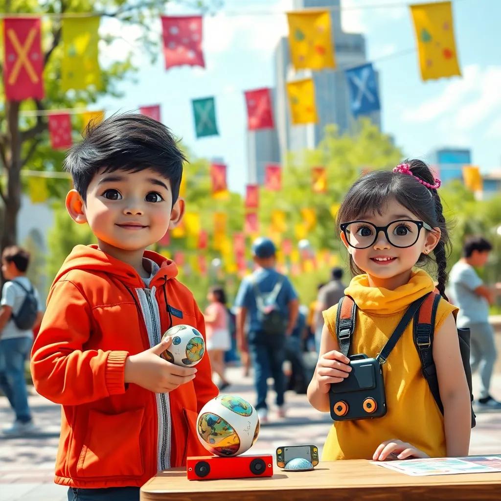 A sunny day in a city park with children showcasing their inventions, including a boy with bright clothes named Sami and a girl wearing glasses named Rena, colorful banners in the background, digital art, cheerful, vibrant colors, inviting atmosphere, high quality