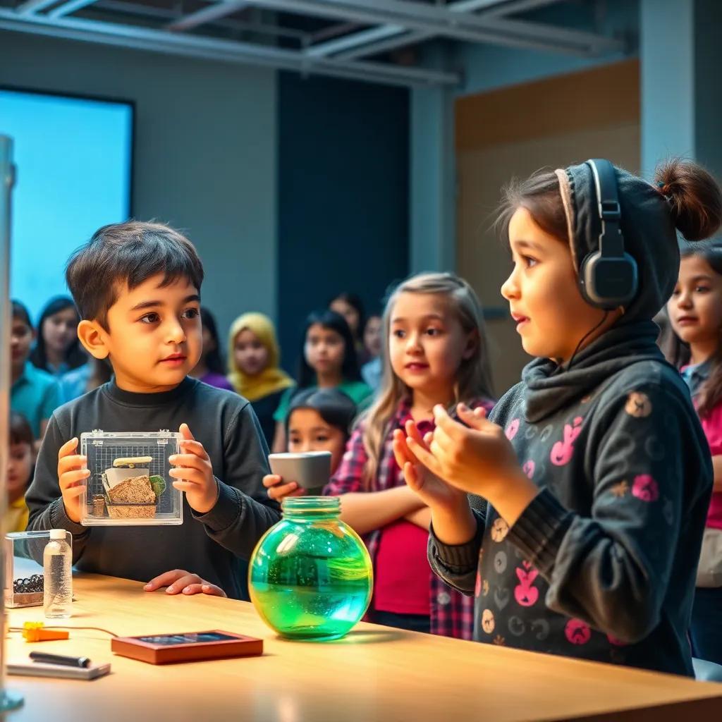 Children presenting their inventions, with Sami showing a waste-reduction device and Rena explaining a food analysis device, an audience of engaged onlookers, colorful, bright light, energetic perspective, storytelling scene, high quality