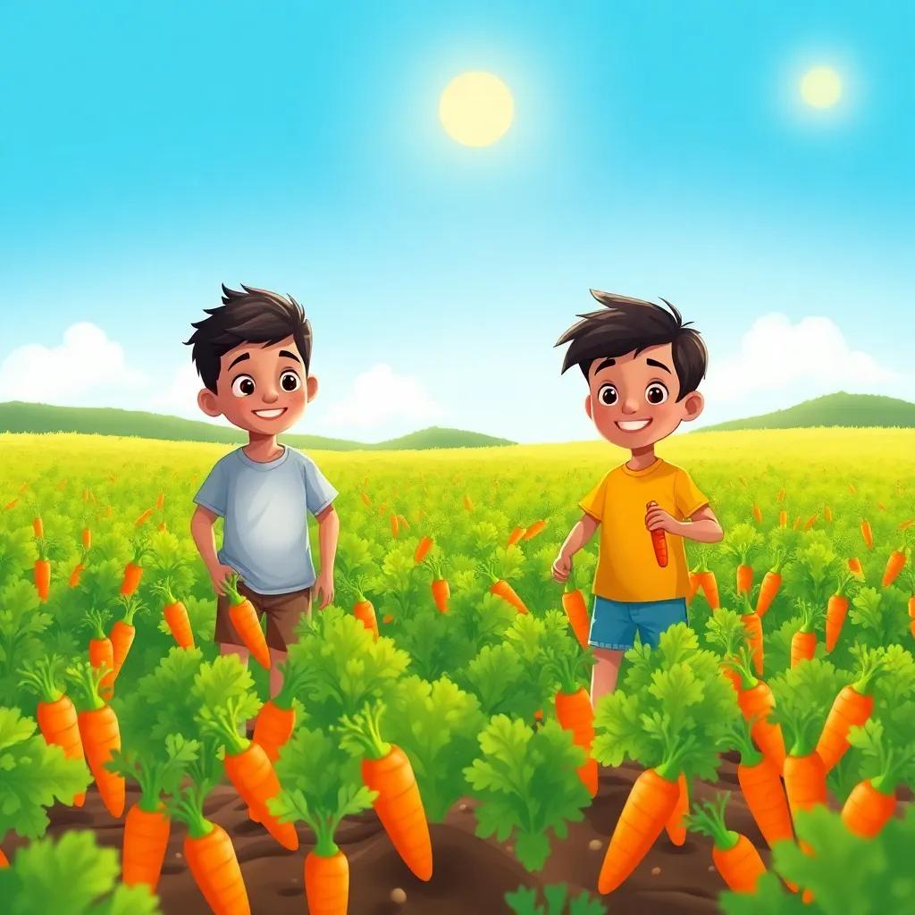 A sunny morning scene in a lush field with orange carrots peeking through the earth, two cheerful boys, Sami and Adam, with light brown skin and wearing simple t-shirts and shorts, gathering carrots under a bright blue sky, vibrant colors, cheerful atmosphere, detailed digital art