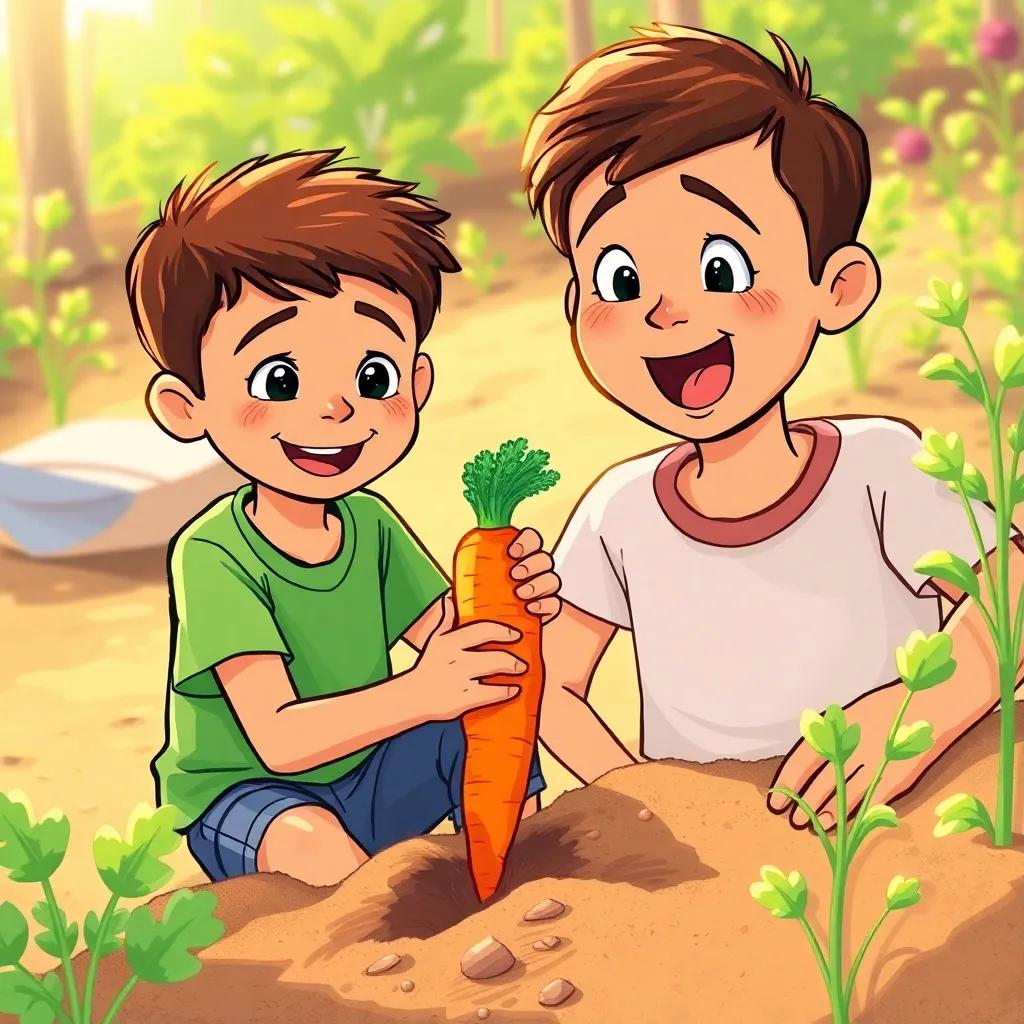 Sami, a young boy with light brown skin wearing a green t-shirt, smiling while pulling out a bright orange carrot from the ground with Adam beside him, both excited, warm sunlight illuminating their faces, illustrated scene