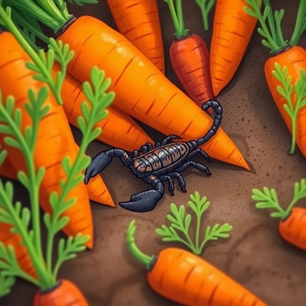 A small, curious scorpion hiding among the carrots, with a detailed body, its silhouette sharp against the orange carrots in the ground, vibrant natural setting, visual focus on the scorpion with green plants around