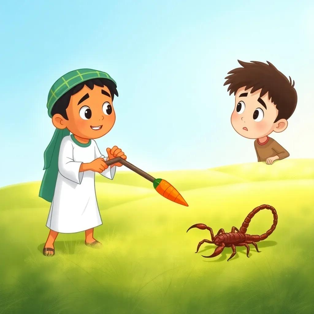 Sami carefully using a stick to push the scorpion away from the carrots, looking cautious, while Adam watches with concern, soft background of green fields and blue sky, dynamic scene of action and care