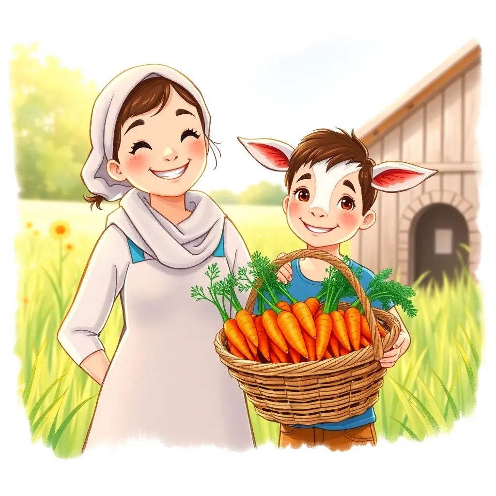 Sami and Adam smiling, looking proud with a basket full of bright orange carrots, standing side by side in the field, surrounded by the beauty of nature, warm light, joyful moment
