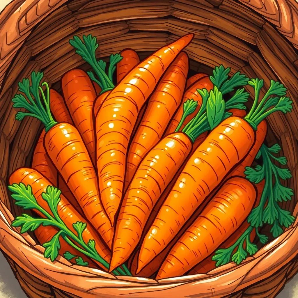 Close up of the basket filled with shiny orange carrots, sparkling under the sunlight in a rustic wooden basket, with a few green leaves sticking out, emphasizing the harvest