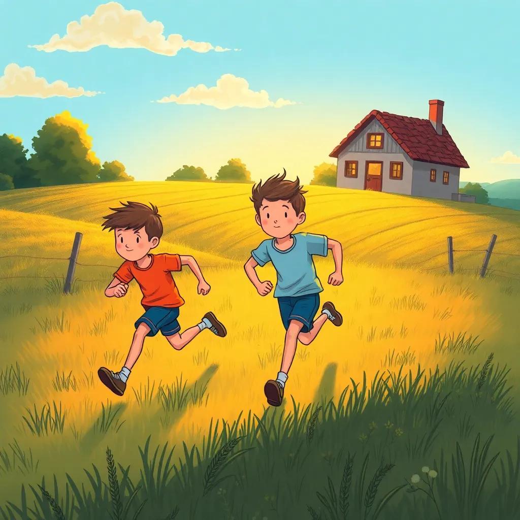 The boys running happily back to their house, with a sense of achievement, the field behind them glowing in the evening light, capturing the excitement of their adventure