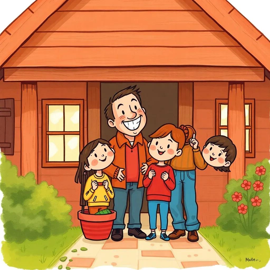 Their father welcoming them home with a big smile, proud of their hard work, a cozy house backdrop, warm colors creating a heartwarming scene