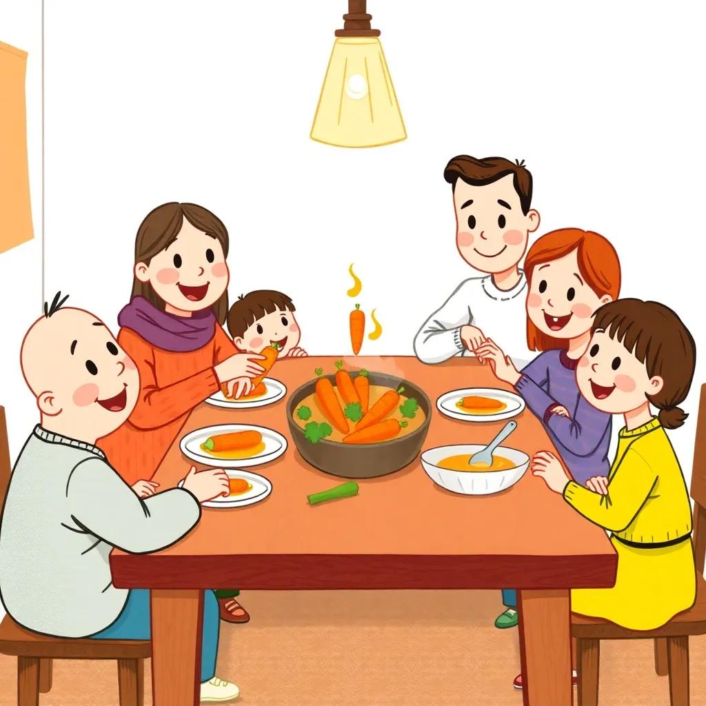 A family dinner table with a delicious carrot soup prepared, everyone looking happy and enjoying the meal together, connotations of warmth and family bonds