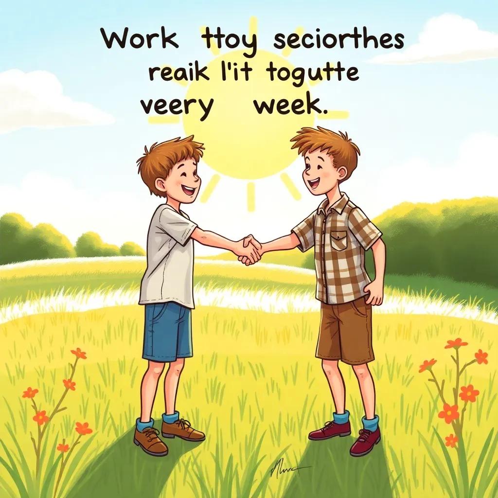 The boys promising to work together every week in the field, shaking hands playfully in the sunny field, a vibrant representation of teamwork and friendship