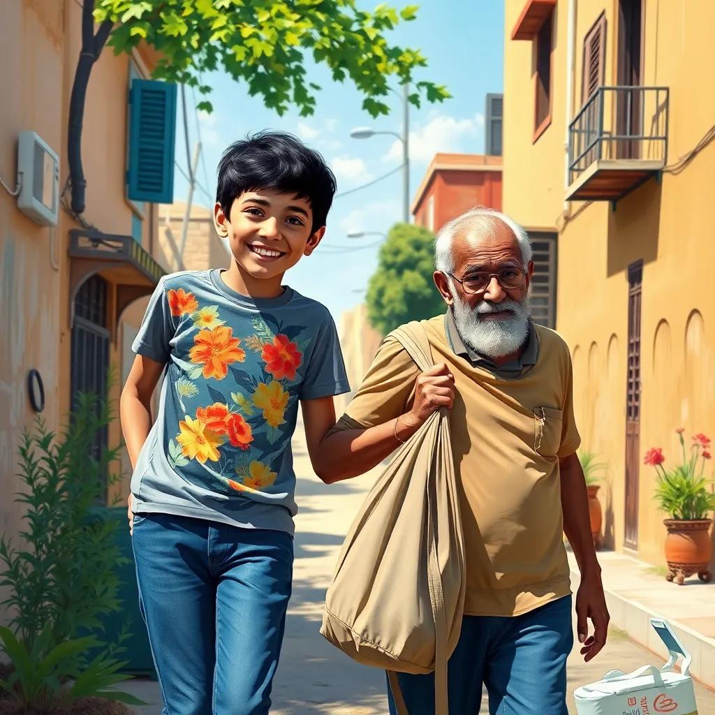 A young Arab boy, Sami, with short black hair, wearing a colorful t-shirt and jeans, happily helping an old man carrying a heavy bag in a sunny neighborhood, digital art, bright colors, cheerful atmosphere, high quality