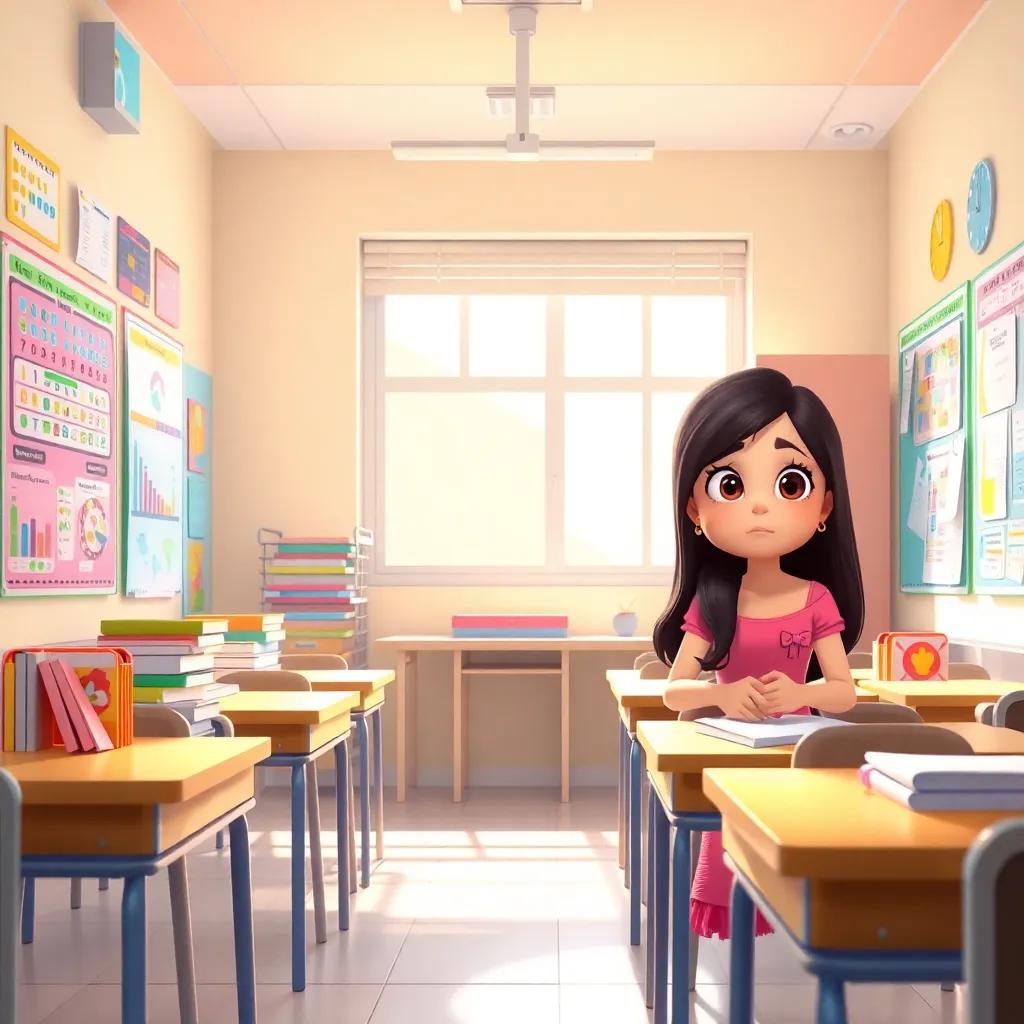A bright classroom filled with colorful charts and books, Meryam, a young Arabic girl with long dark hair in a pink dress, sitting at a desk looking worried, sunlight streaming through the window, digital art, cheerful atmosphere, vibrant colors, high quality