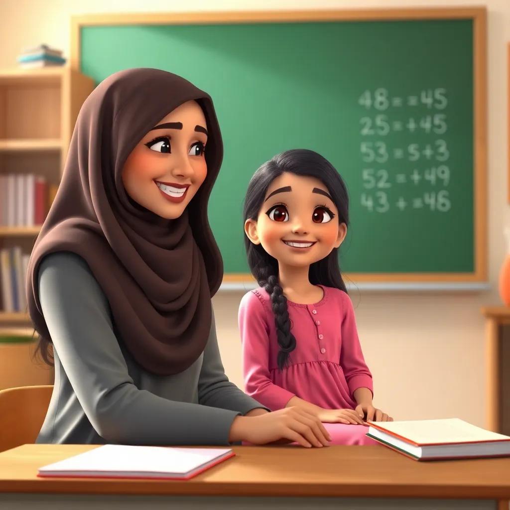 Meryam, a young Arabic girl with long dark hair in a pink dress, sitting with her kind teacher, both smiling, teacher showing Meryam math problems on a chalkboard, bright classroom setting, education theme, warm light, colorful, inviting