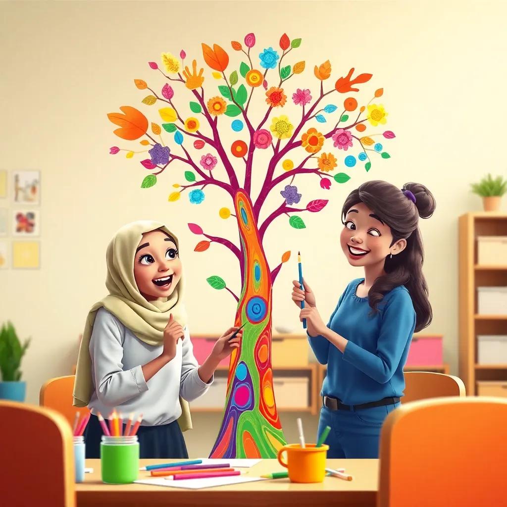 Meryam and Sarah creating a colorful tree with branches representing different subjects, they are painting happily with bright colors, classroom activity, vibrant shades, joyful atmosphere, inviting space, creativity theme