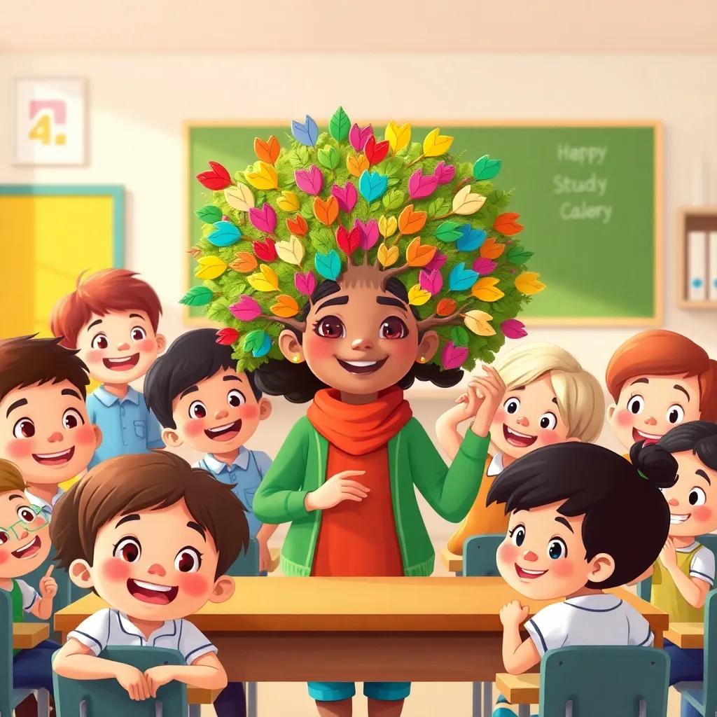 Meryam proudly showing her colorful study tree to her classmates, boys and girls of different ethnicities around, all curious and excited, bright classroom with happy expressions, illustration, lively, engaging