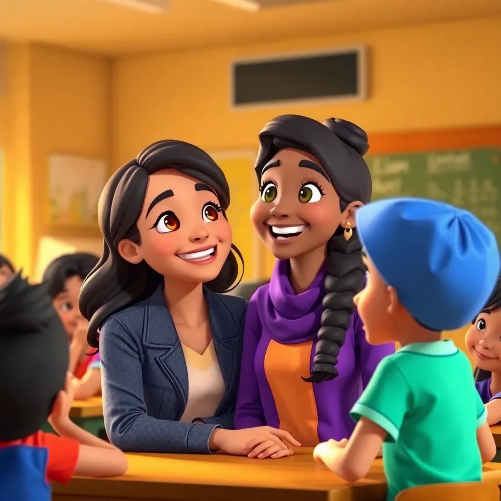Meryam’s teacher smiling and encouraging her, Meryam looking excited and confident, classroom filled with supportive kids, warm lighting, positive classroom environment, uplifting moment