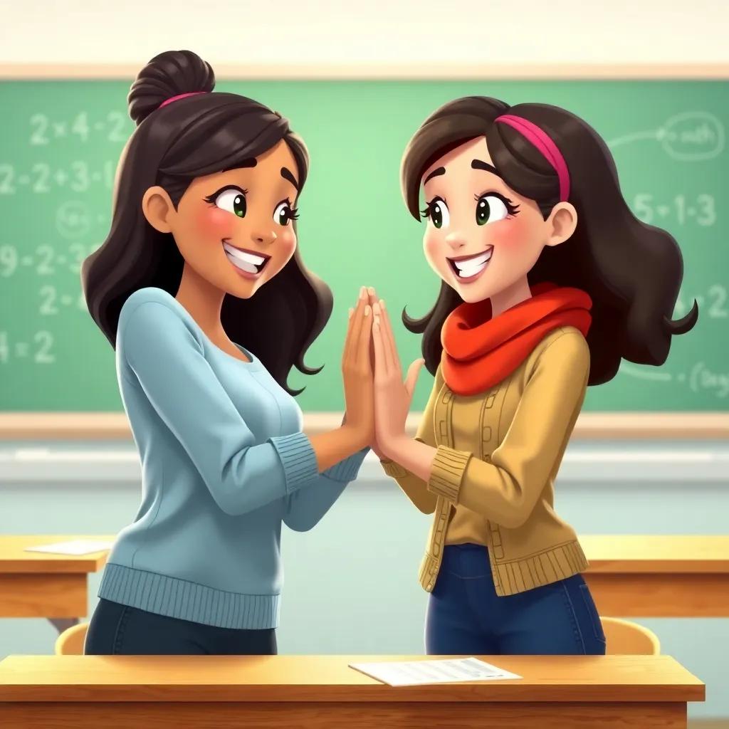 Meryam and Sarah high-fiving each other after solving math problems together, both girls smiling widely, cheerful classroom vibe, colors are bright and encouraging, joyful achievement, heartwarming
