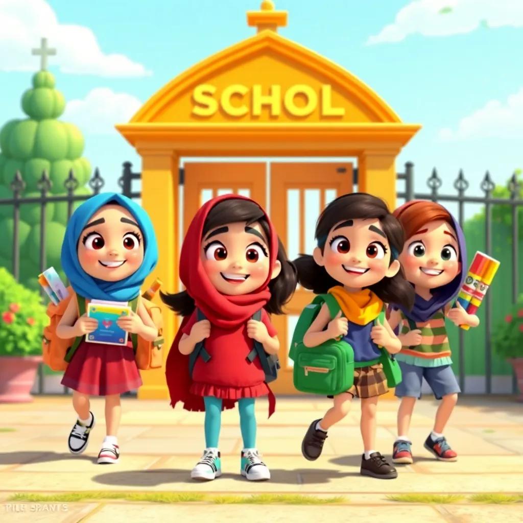 A school adventure scene with Meryam, Sarah, and friends ready to embark on a trip, backpacks filled with learning materials, happy expressions, school gate in the background, bright sunny day, excitement in the air, colorful