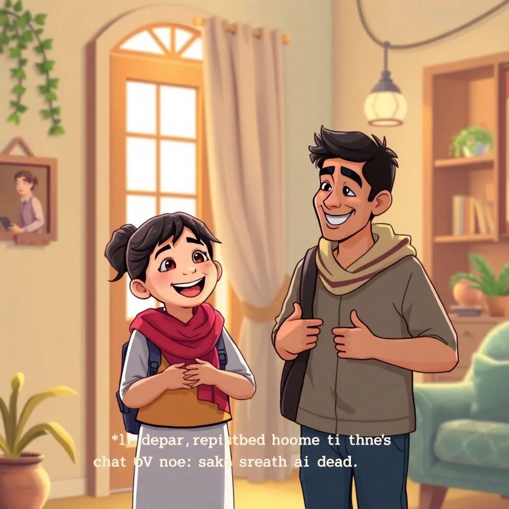 Meryam returning home, smiling widely and telling her dad about her love for school, her father, an Arabic man in casual clothes, looking proud and happy, warm home atmosphere, feeling of love and support, heartwarming image