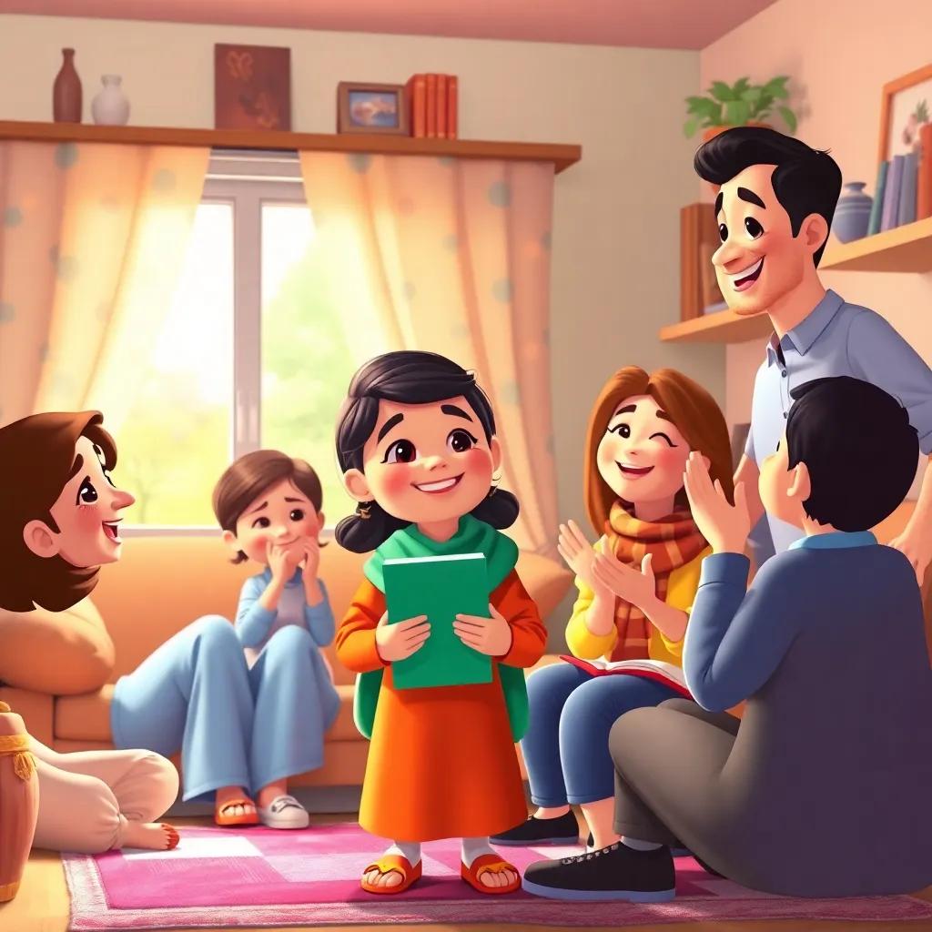 Meryam happily in her home with her family, celebrating her success in school, surrounded by family members cheering for her, a comforting environment filled with warmth and love, colorful and inviting
