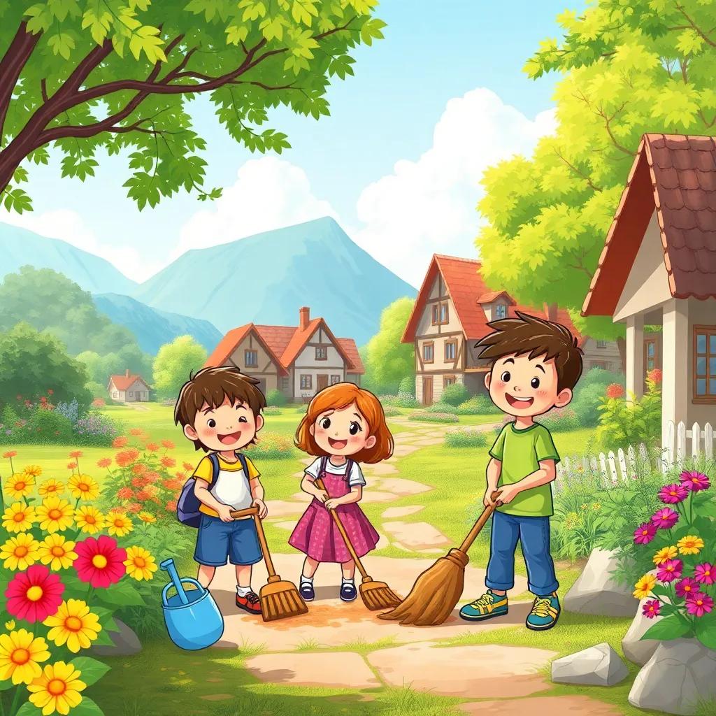 A group of happy children cleaning a beautiful village, with colorful flowers and green trees in the background, digital art, cheerful atmosphere, bright colors, high quality
