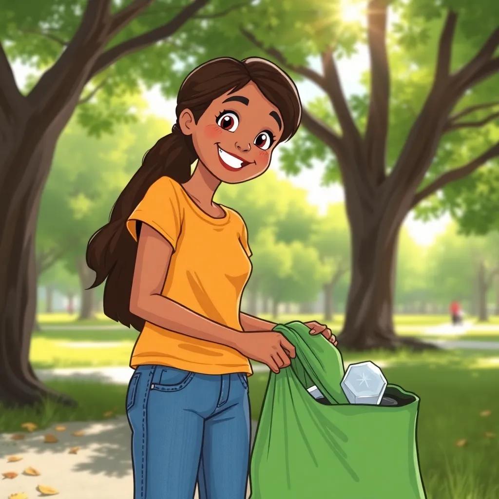 A close-up of Fatima collecting trash in the park, wearing a bright t-shirt and jeans, smiling while holding a green bag, sunlight shining through the trees, colorful illustration, fun