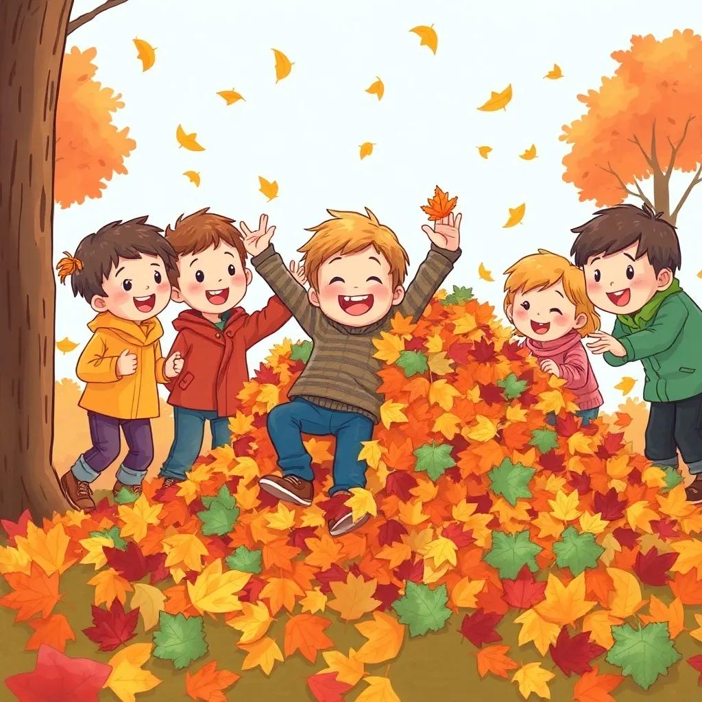 A playful scene of the children gathering fallen leaves, with Sami joyfully posing with a big pile, vibrant autumn colors, engaging perspective, illustration