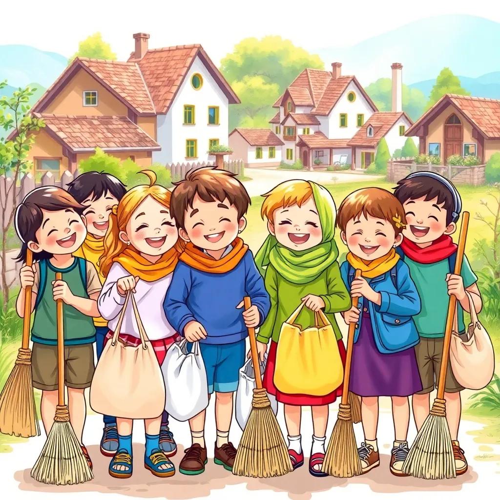 A group of children taking a photo together holding brooms and bags, laughter in the air, the village behind them looking fresh and clean, vibrant and cheerful colors, bright light, high detail