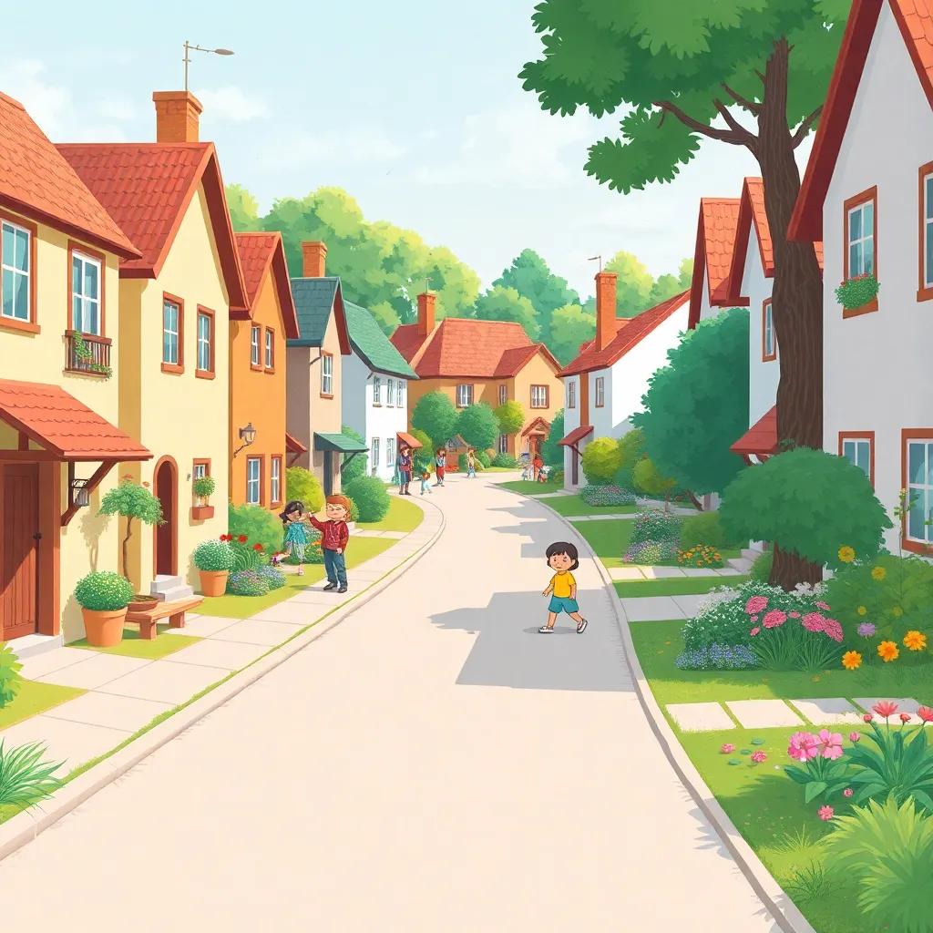 A wide shot of the village with clean streets and beautiful gardens, children playing in the background, showcasing a sense of community and joy, colorful, bright light, warm atmosphere