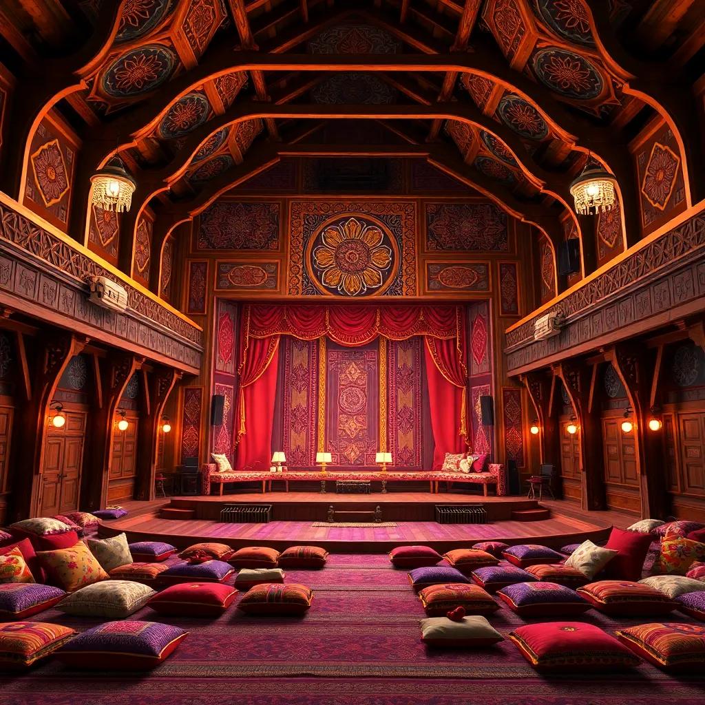 A large wooden theater decorated with Yemeni heritage, intricate Sadu patterns, and a cozy ground seating area filled with traditional cushions, vibrant colors, warm light, festive atmosphere, child-friendly