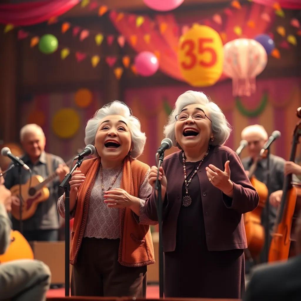 Two elderly women singing joyfully in the center of the stage, surrounded by musicians playing various instruments, colorful decorations in the background, warm and inviting, celebration mood, cheerful