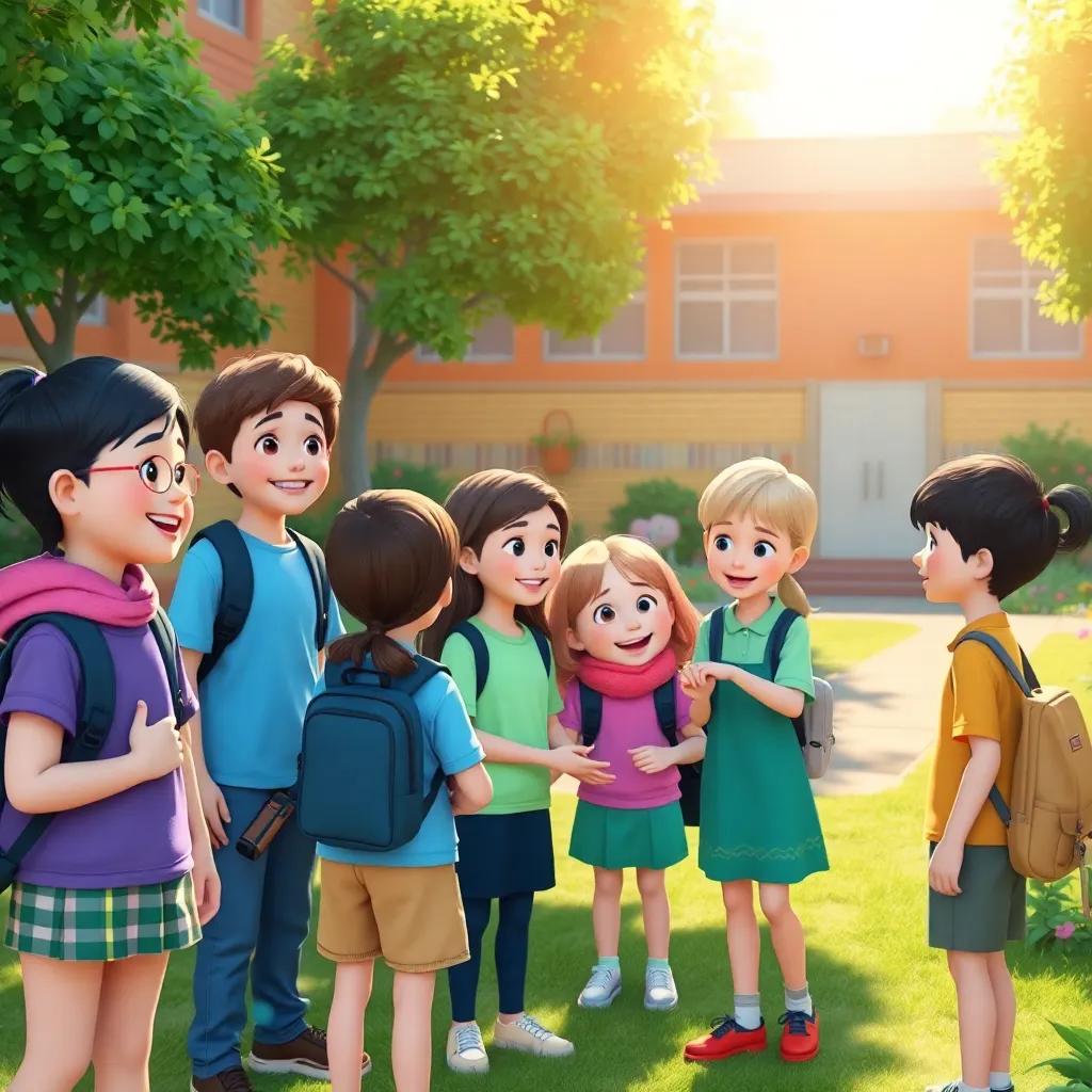 A vibrant schoolyard with children gathered together, smiling and discussing their project, bright sunlight shining, cheerful atmosphere, colorful surroundings