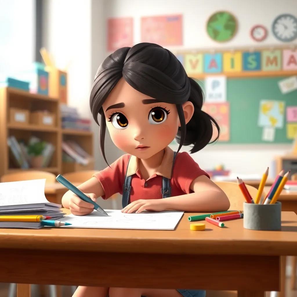 A determined girl named Sarah, working hard at her desk with papers and drawing materials, her hair tied back, focused expression, and the classroom filled with bright colors and creativity