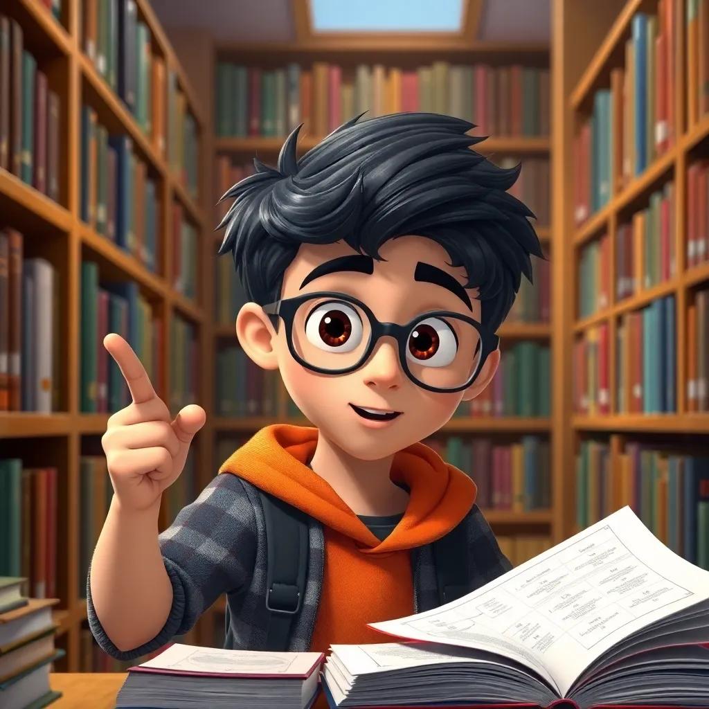 An ambitious boy named Ali, with glasses, looking through books, pointing at a diagram, eager to contribute, surrounded by bookshelves in a cozy library