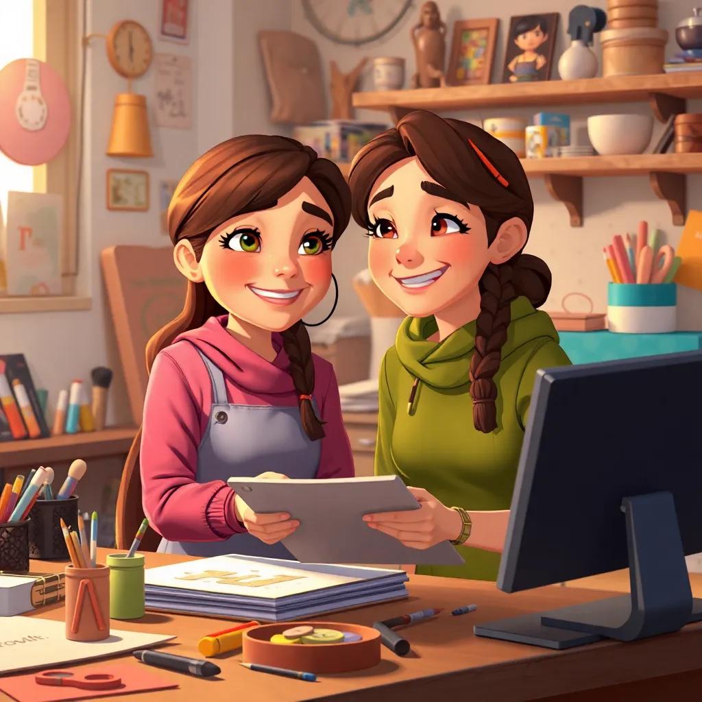 A generous girl named Hind, helping a friend with a project, both smiling, their workspace cluttered with art supplies, warm and friendly environment