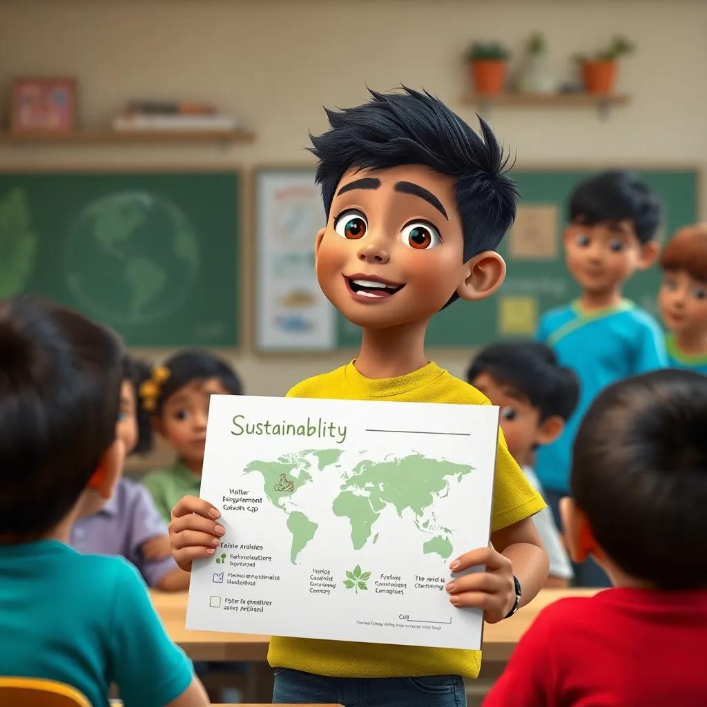 A passionate boy named Khalid, holding a poster about sustainability, looking proud and inspired, with classmates gathered around listening attentively, in an eco-friendly classroom