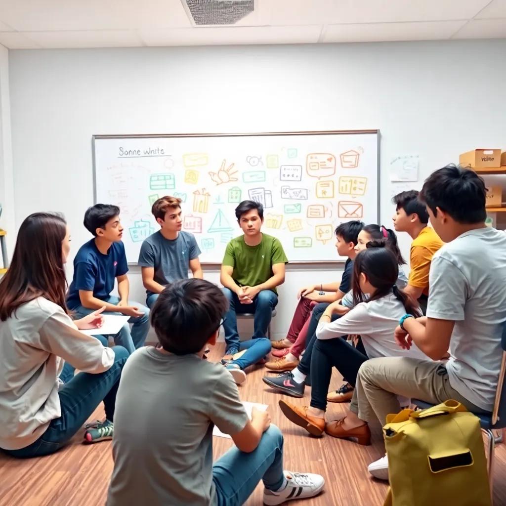 Students gathered around discussing ideas, brainstorming lively, some sitting on the floor and others at desks, a big whiteboard with colorful drawings in the background