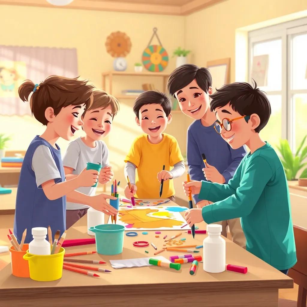 Group of children working together on a project, painting and crafting, sharing tools and materials, in a sunny classroom, filled with laughter and joy