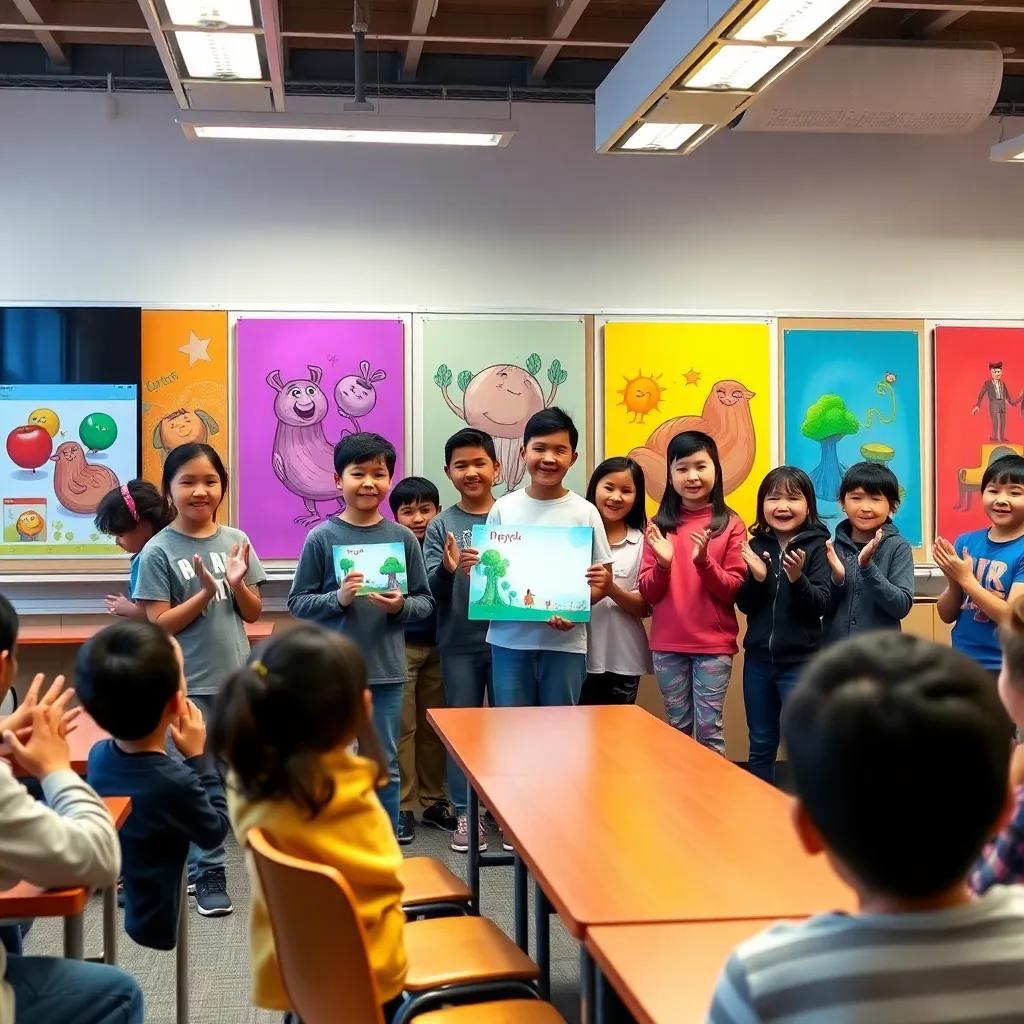 At the end of the day, the students presenting their project proudly in front of the class, bright smiles, applause from teachers and fellow students, colorful display boards behind them