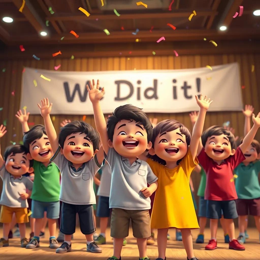 Children celebrating their success, with cheerful expressions and confetti in the air, a big banner saying 'We Did It!' in the background, a warm and victorious atmosphere