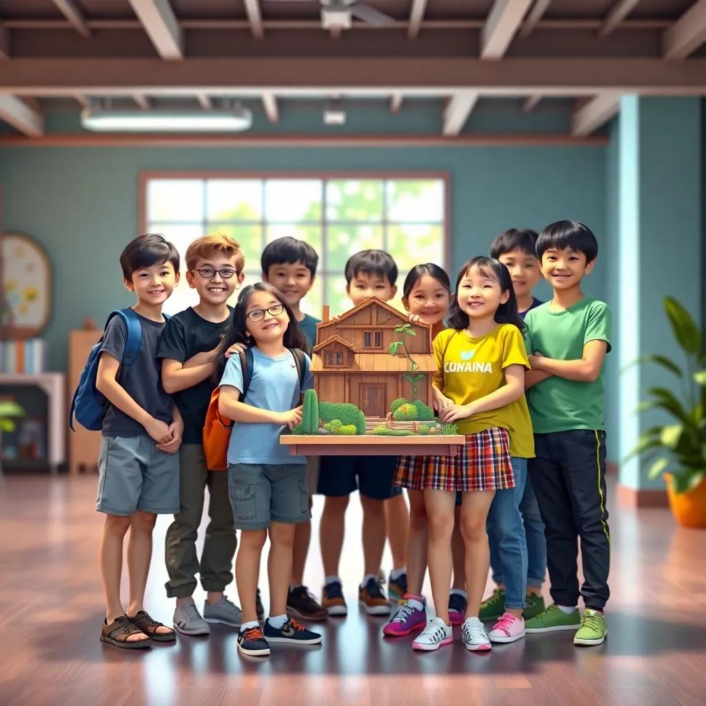 A group photo of the students, standing together with their project, beaming with pride, representing teamwork and friendship, colorful and inviting setting
