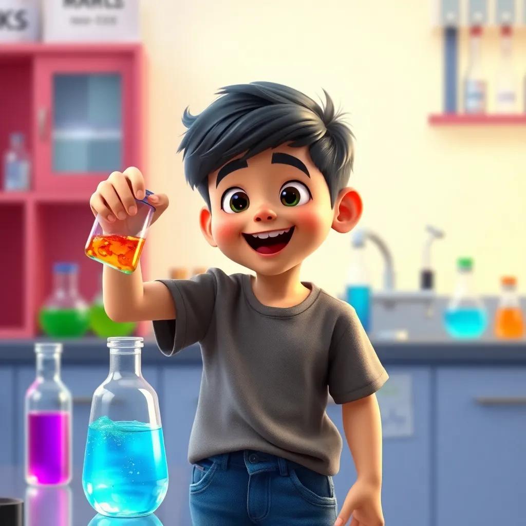 A young boy, Ahmed, with short black hair, wearing a t-shirt and jeans, mixing colorful liquids in a small bottle, excited expression, laboratory setting, digital art, bright colors, joyful atmosphere, high quality