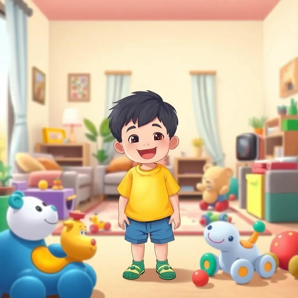 A joyful little boy, مشعل, aged 1.5 years, with short black hair, wearing a bright yellow t-shirt and blue shorts, surrounded by colorful toys in a cozy living room, playful atmosphere, digital art, cheerful colors, happy scene, high quality