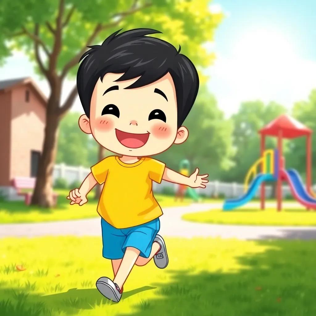 A happy little boy, مشعل, aged 1.5 years, with short black hair, wearing a bright yellow t-shirt and blue shorts, happily running in a sunny park with green grass and colorful playground equipment, bright sunlight, smiling, joyful action, high quality
