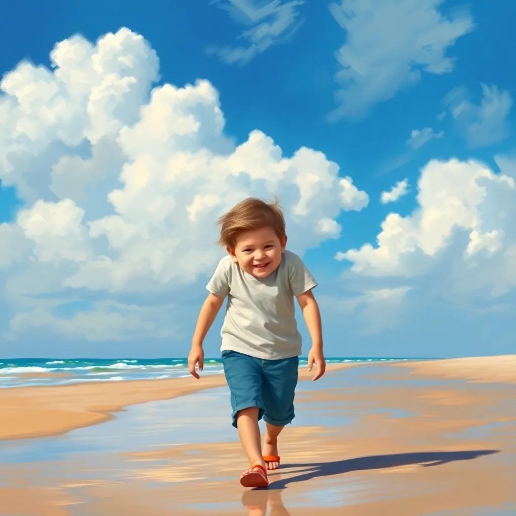 A young boy, Sami, walking along a beach with a joyful expression, the bright blue sky in the background filled with fluffy white clouds, digital art, cheerful atmosphere, warm colors, child-friendly perspective, high quality
