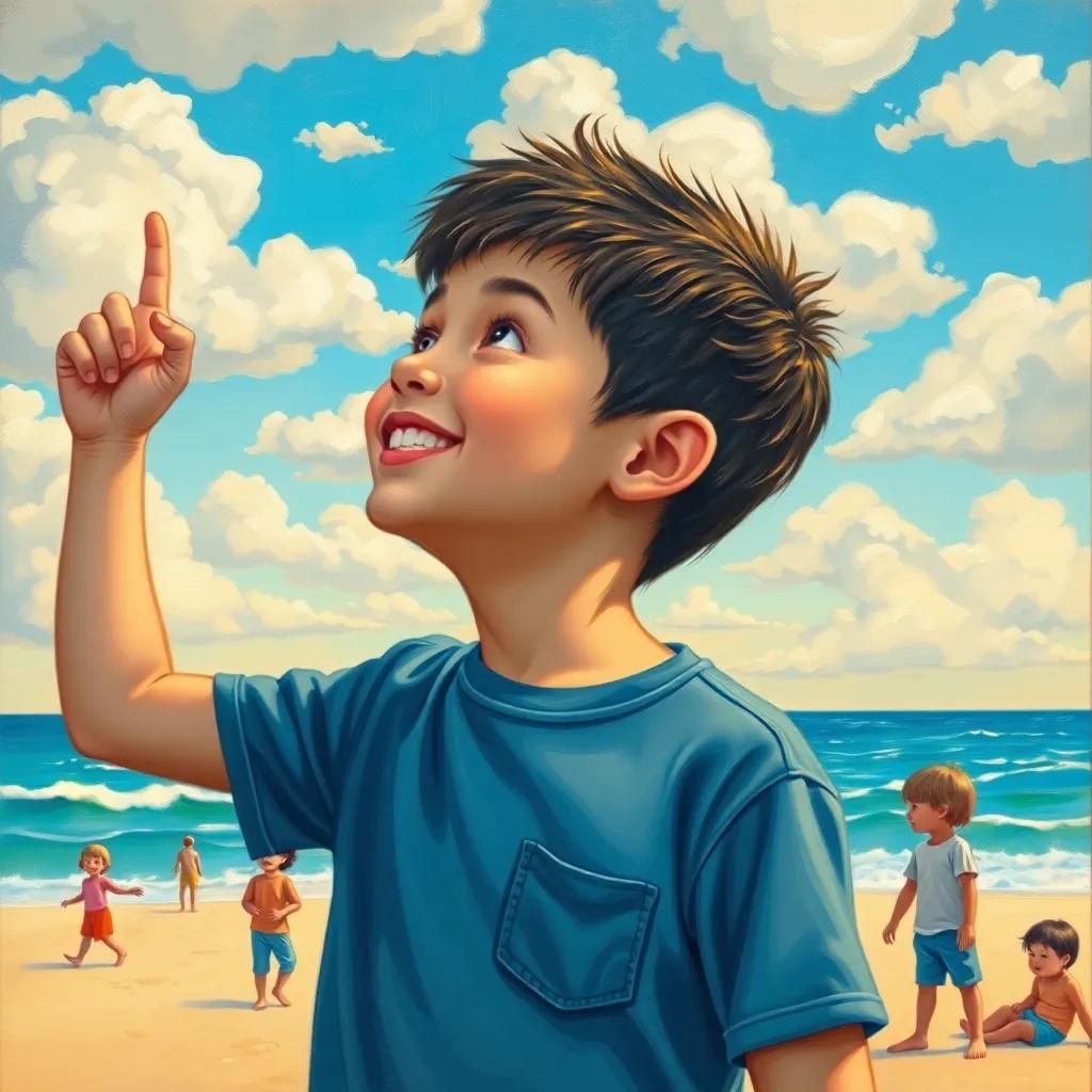 Sami, a young boy with short black hair, looking up at the sky filled with clouds, smiling and pointing at the clouds while standing on the sandy beach with kids playing nearby, illustration, vibrant, playful scene, joyful ambiance