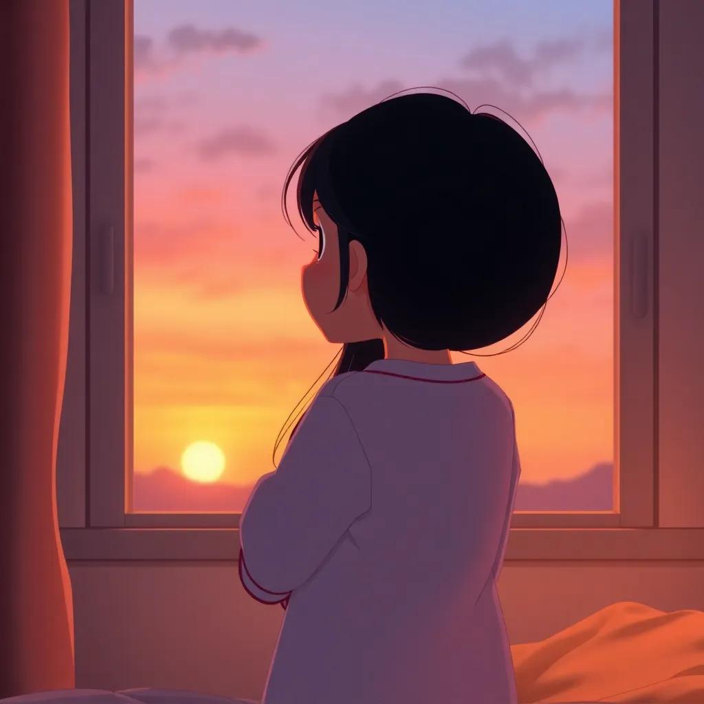 A young Arab girl with dark hair, wearing pajamas, watching the sunset from her bedroom window, feeling sad but hopeful, digital art, warm colors, soft and inviting atmosphere, high quality